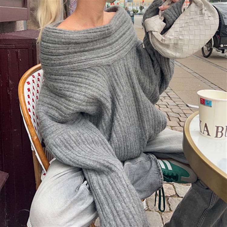 Asiris - Lange mouwen off-shoulder effen geribbelde oversized trui