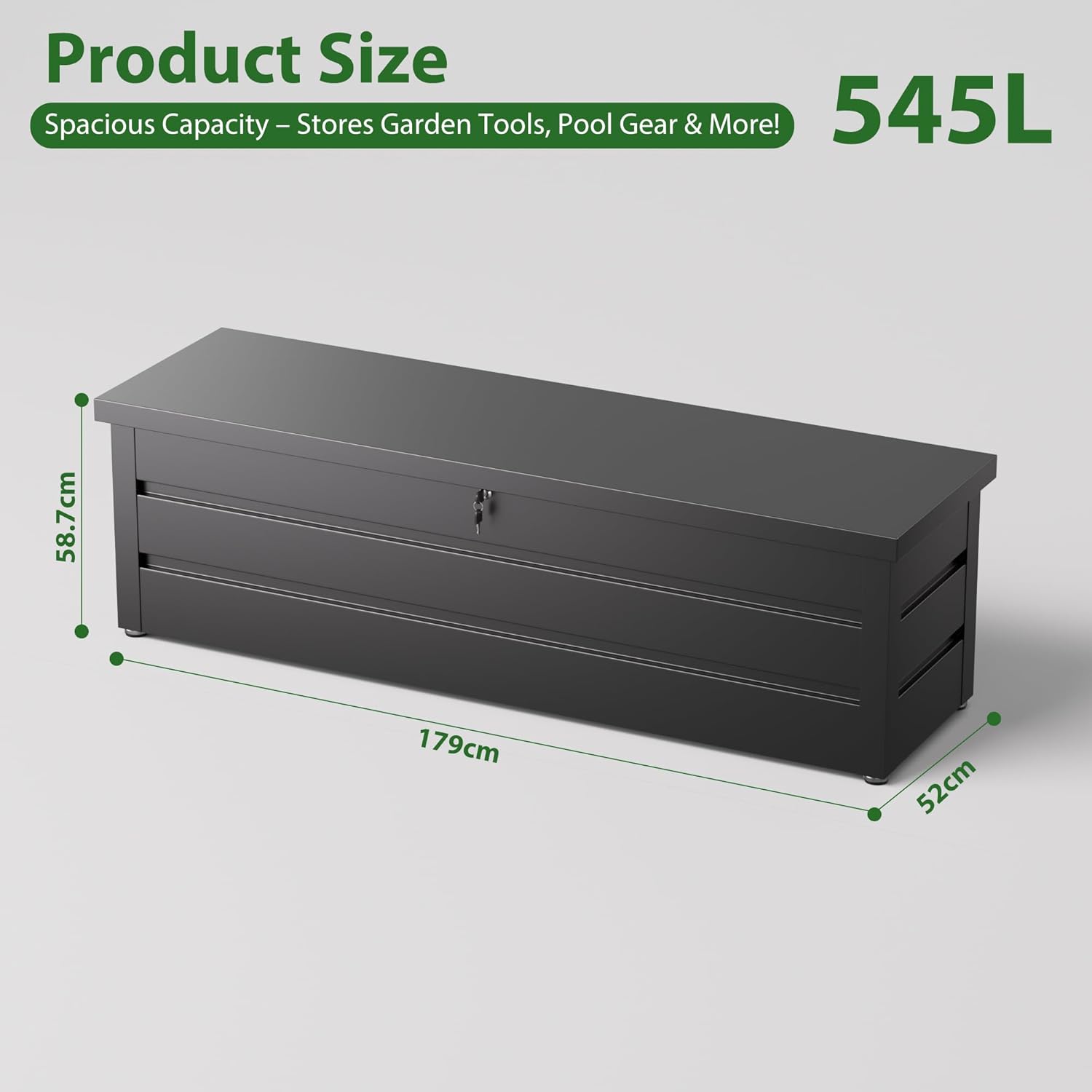 Gartenbox aus Metall in Schwarz 550L | Outdoor Kissenbox für den Garten mit Rostfeste Beschichtung | Outdoor Aufbewahrungsbox/Auflagenbox wasserdicht für Kissen - 180x52x60cm