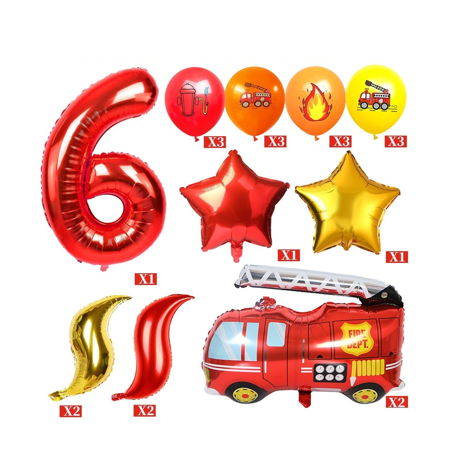 (21-tlg. Set) Zahlen Ballon Kinder Geburtstags Party Folienballon inkl. Latex Luftballons - Zahl 6 / Feuerwehr