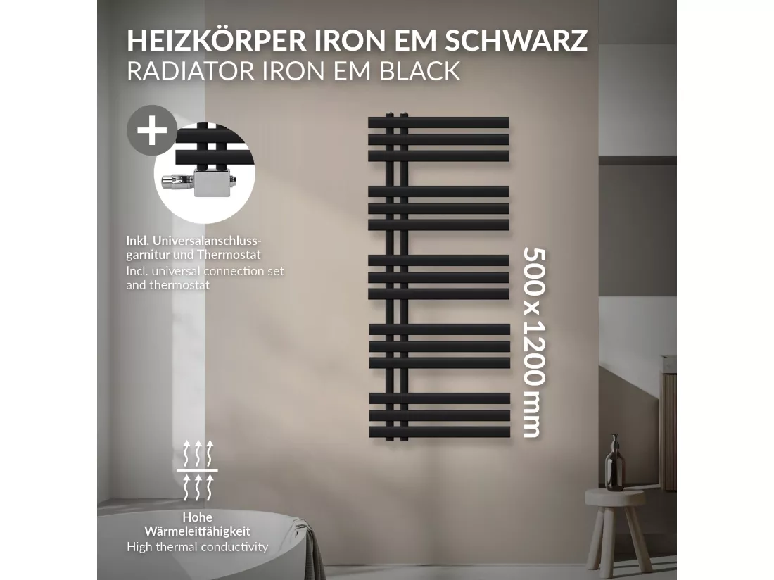 Iron EM Radiateur sèche-serviettes salle de bain en acier noir mat 500x1200 mm