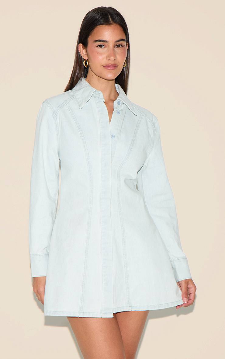 Bleu Glacé Robe Chemise En Denim À Taille Cintrée