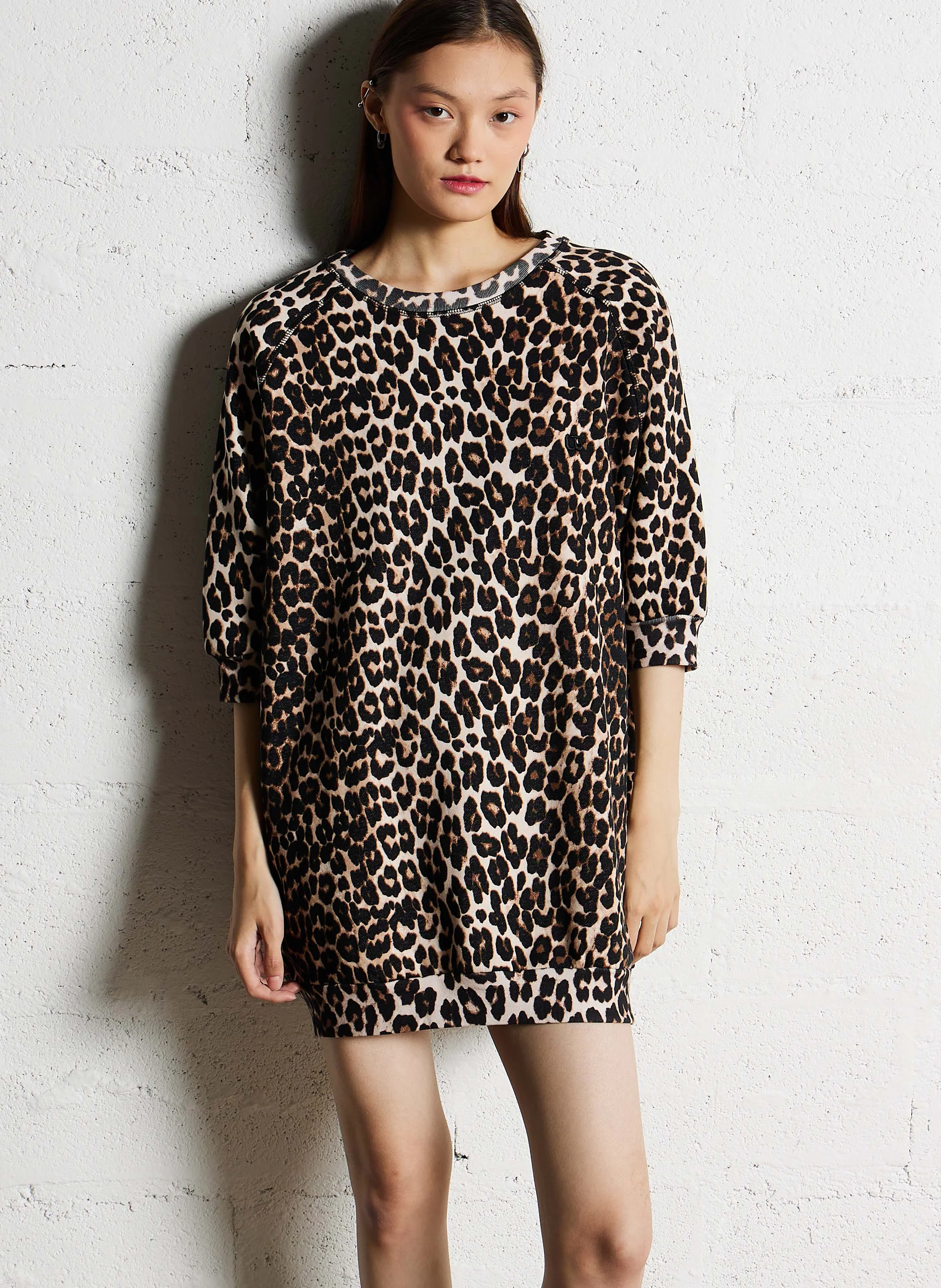 ADELO - Robe courte col rond en coton mélangé imprimé | Noir