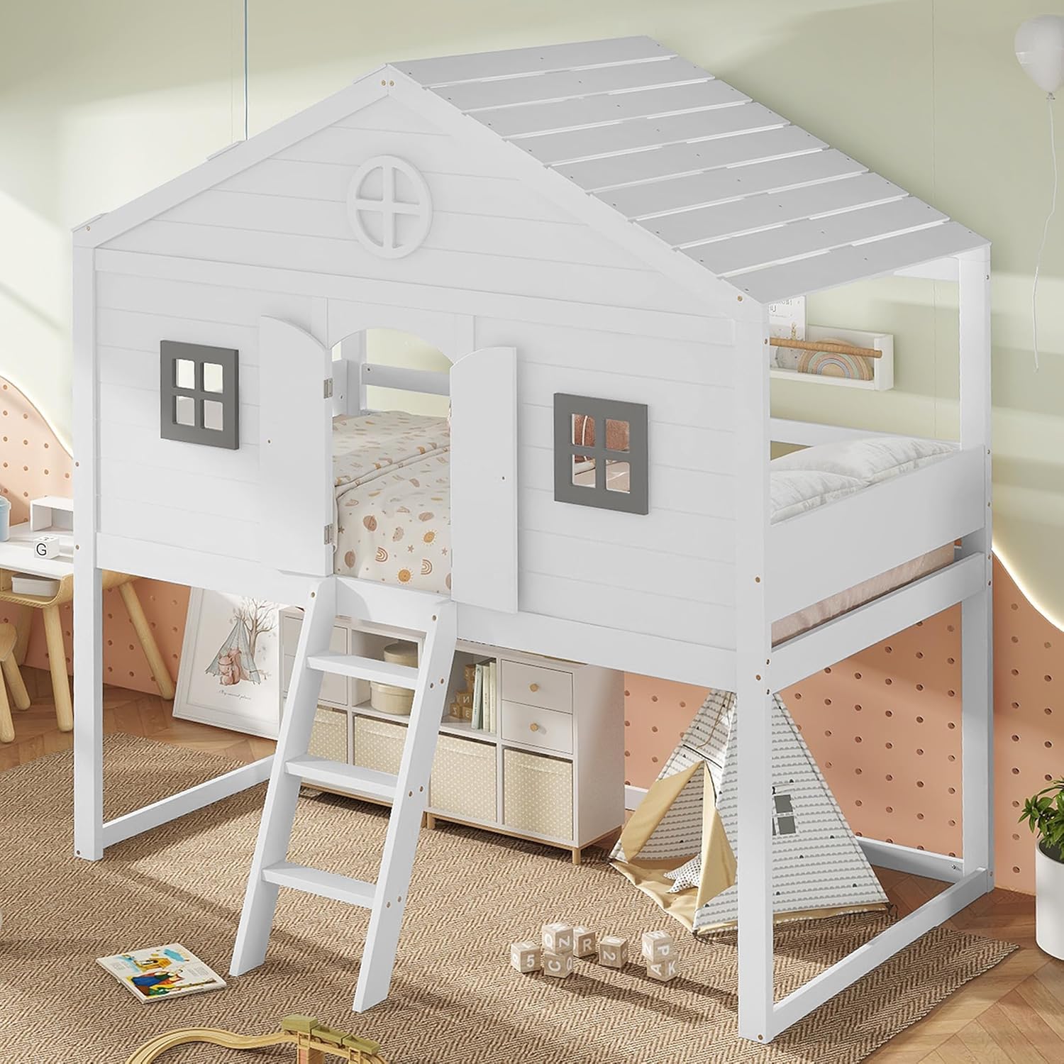 Merax Hochbett 90x200cm, Kinderbett Etagenbett mit Sicherheitsleiter, Rausfallschutz & Lattenrost, Hausbett mit Dach & Fenster, Platzsparendes Stockbett Jugendhochbett, Unterhaltungsbereich, Weiß