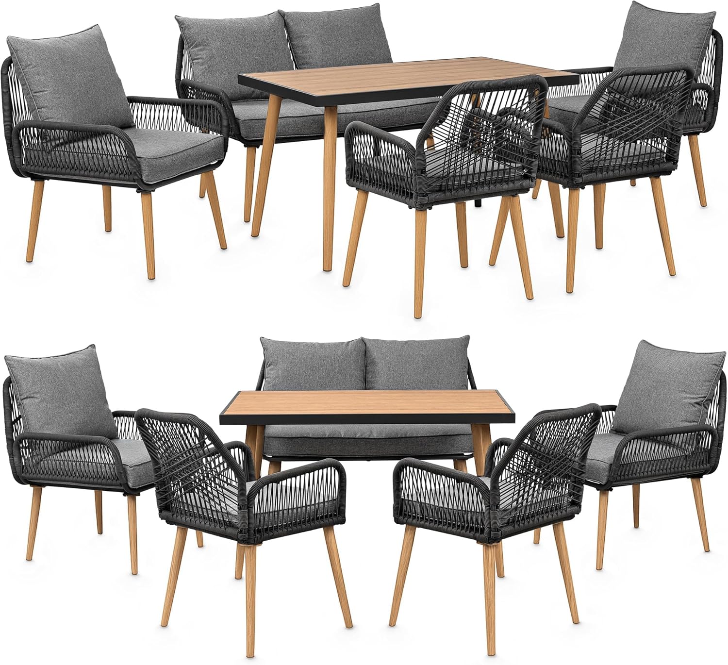 Swing&Harmonie® Gartenmöbel Lounge-Set „Sienna“ – Sitzgruppe mit Tisch, Sofa, Sesseln & Stühlen – wetterfest – Seilgeflecht – WPC-Tischplatte – Outdoor Essgruppe (anthrazit/Holz, 6 Personen)