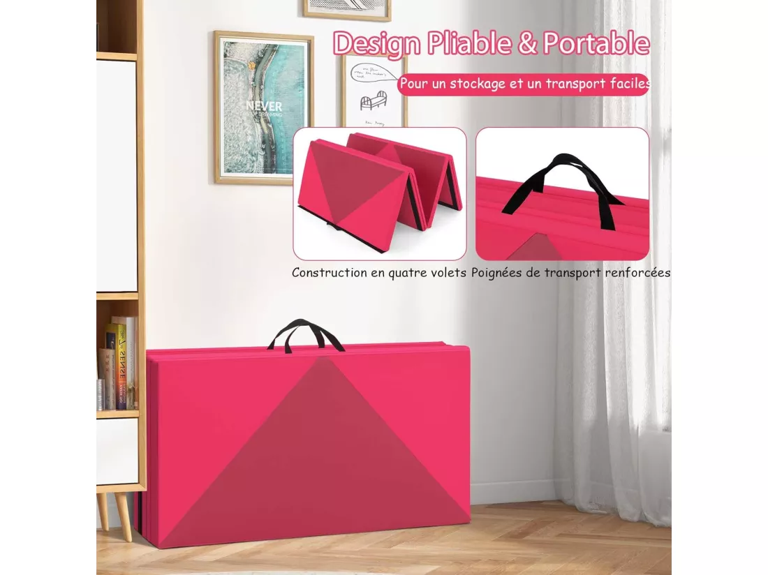 Tapis de Gymnastique Pliable Epais 240x117x5CM, Matelas d'Entrainement en Mousse et PU avec Poignées, pour Gymnastes Entraînements Sportifs Yoga (Rose et Rouge)