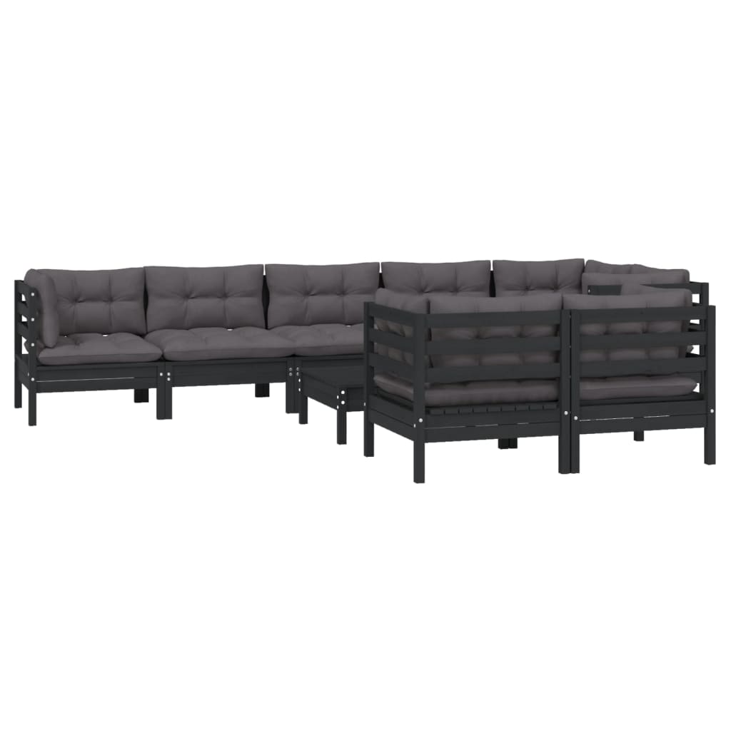 Salon de jardin meuble d'extérieur ensemble de mobilier 9 pièces avec coussins noir bois de pin massif
