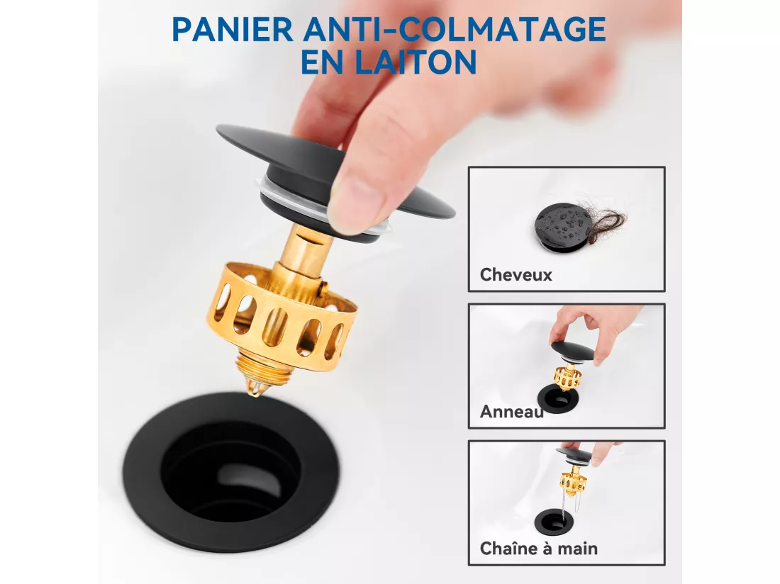 2PCS Auralum max Bonde Lavabo Pop Up Avec Trop Plein,Bouchon Vidange avec Panier Crépine,Bonde Vidage en Laiton/Inox pour Lavabo Salle Bain,Noir