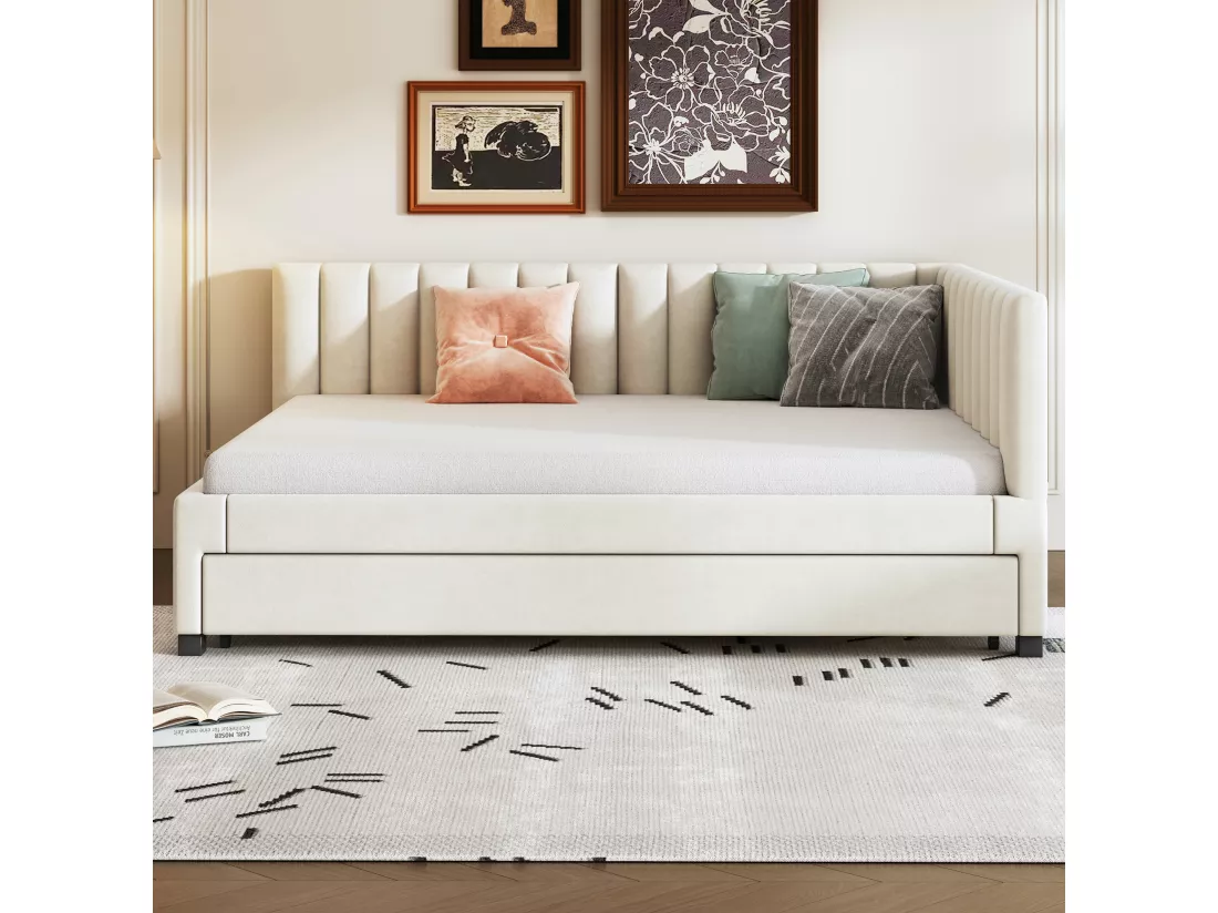 Lit banquette capitonné 140x200 cm - avec lit gigogne 90x190cm - tissu en velours - Beige