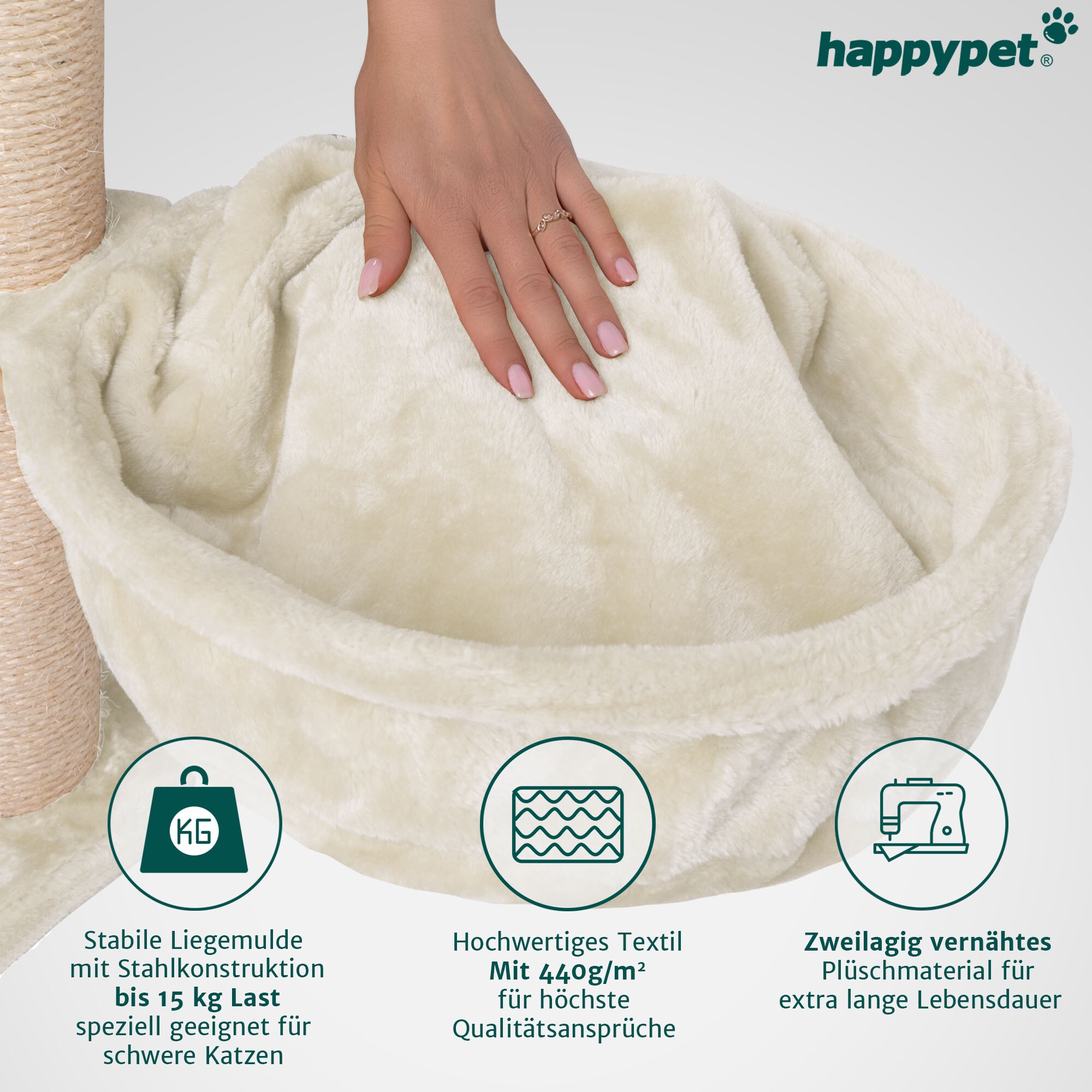 HAPPYPET Universal XL Liegemulde für Kratzbaum Ø 40cm, Große Schlafmulde, Stabiler Metallrahmen, 440g Plüsch, Ersatz-Liegemulde belastbar bis 15kg, Creme | Creme