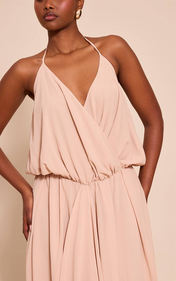 Beige Robe Longue En Mousseline Col V