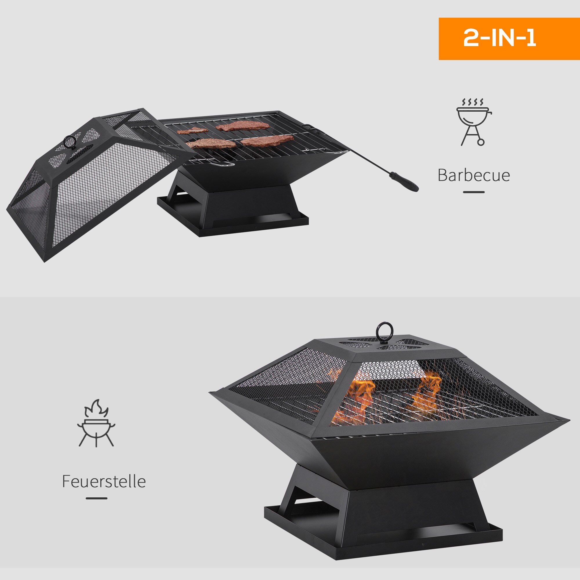 Outsunny Feuerstelle mit Grillrost schwarz 45L x 45B x 12H cm
