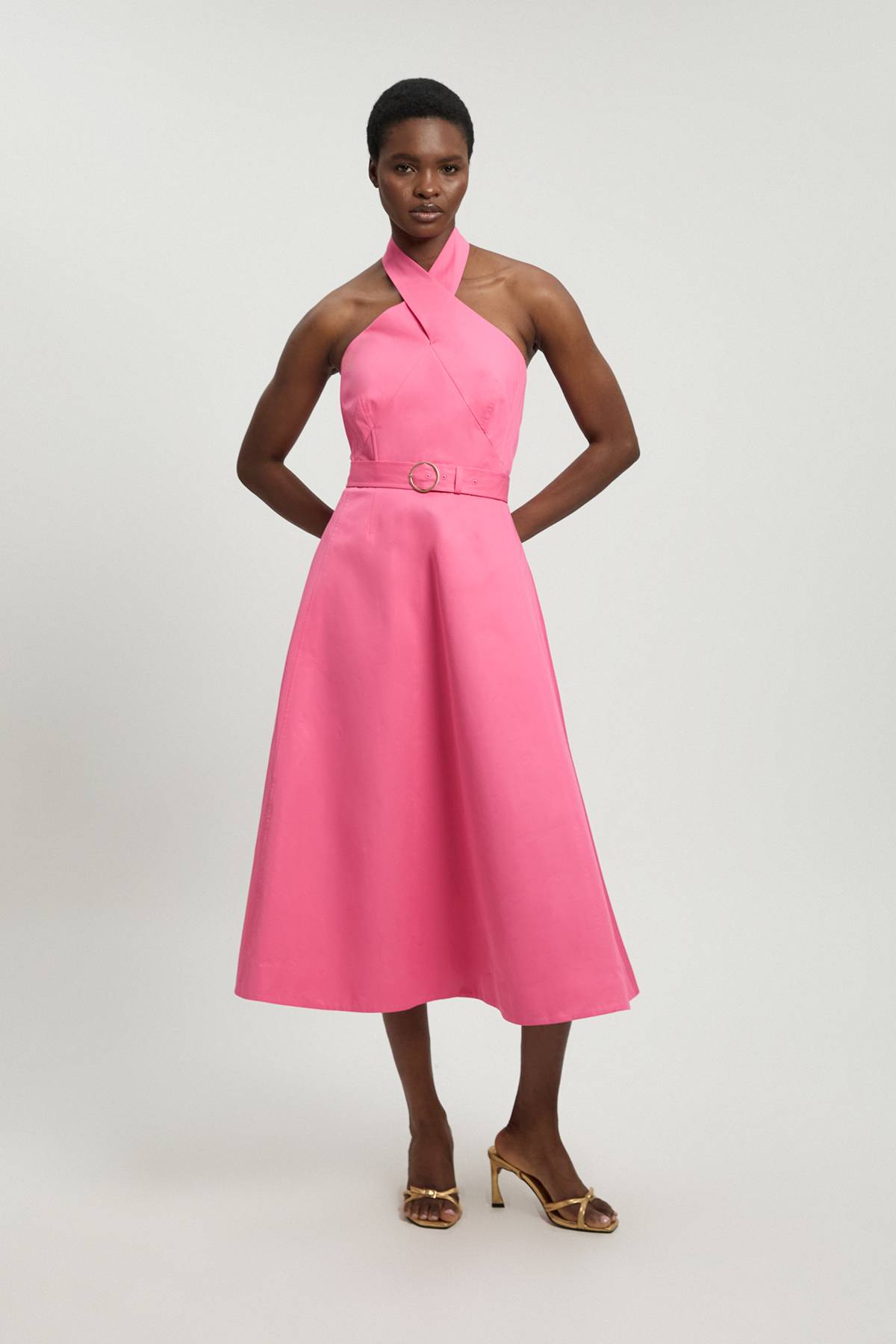 KarenMillen Robe Midi Évasée En Coton Satiné À Col Licou Ajusté
