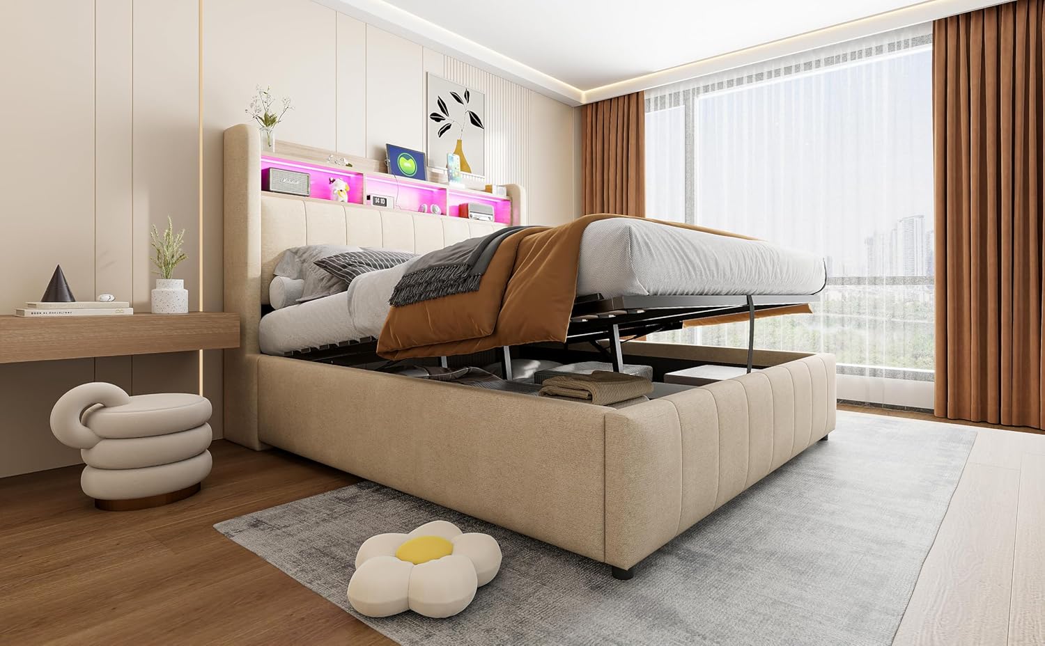 Ball & Cast Polsterbett (140x200cm) mit hydraulischem Stauraum, Doppelbett mit Beleuchtung und USB-Ladefunktion, Leinenstoff, Einfach & Zeitsparend Montierbar, Beige YD4357442
