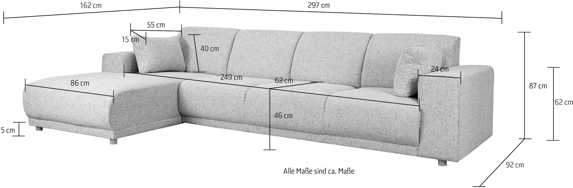 Home affaire Ecksofa »LEMPS wahlweise Recamiere links oder rechts L-Form« incl. Zierkissen, Stellmasse 297x162 cm