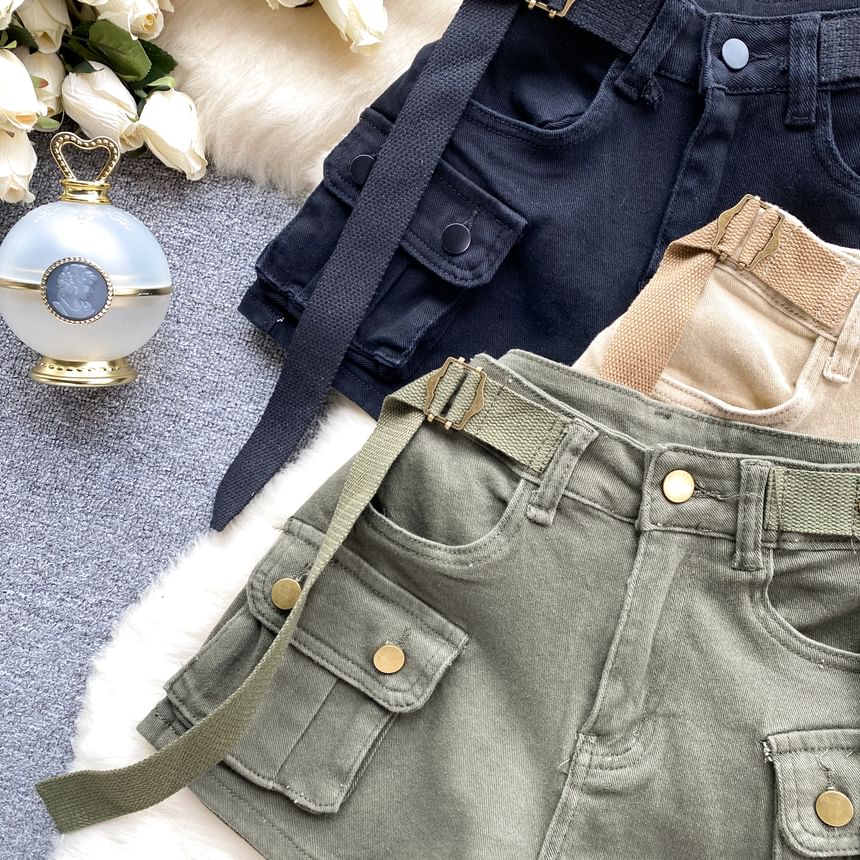 Lucuna - Effen denim cargoshorts met riem