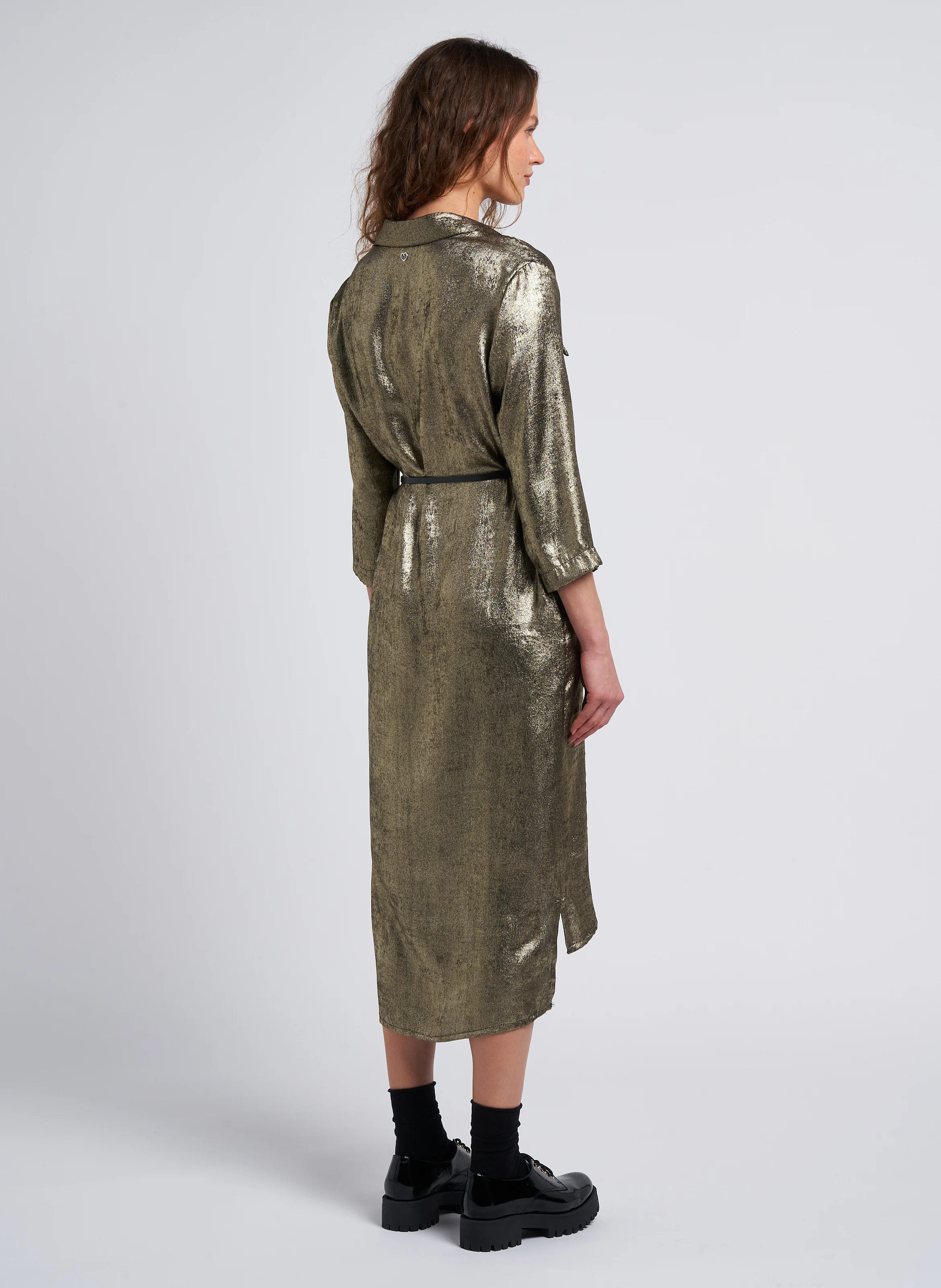 Robe midi col classique aspect métallisé | Vert