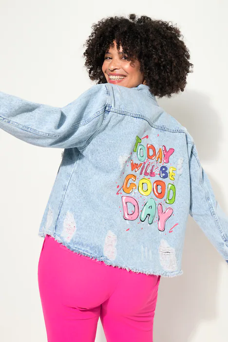 Jeansjacke, oversized, destroyed, Rückendruck, light blue