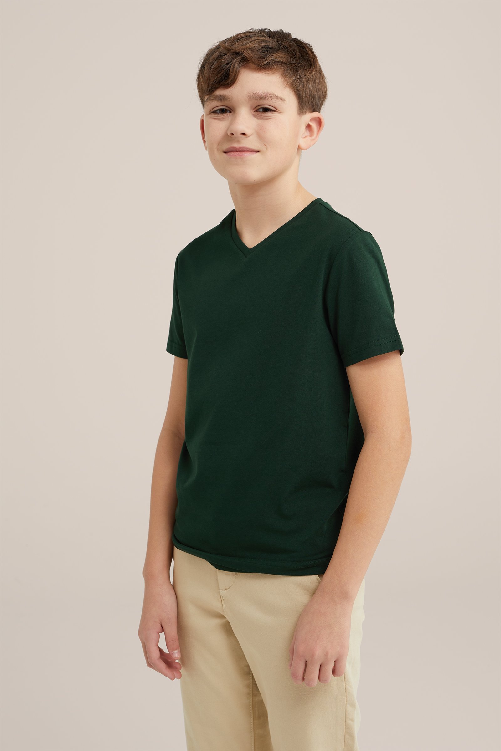 Jongens basic T-shirt met V-hals WE Fashion Donkergroen