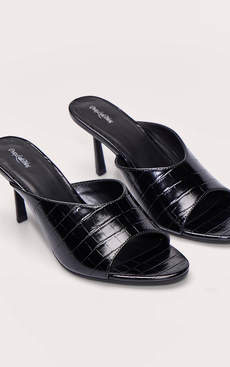 Noir Mule À Talon Bout Rond Effet Croco