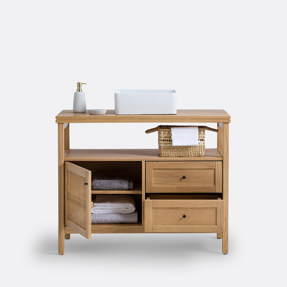LA REDOUTE INTERIEURS<br>Móvel lavatório de pinho e rattan L100 cm, Gabin