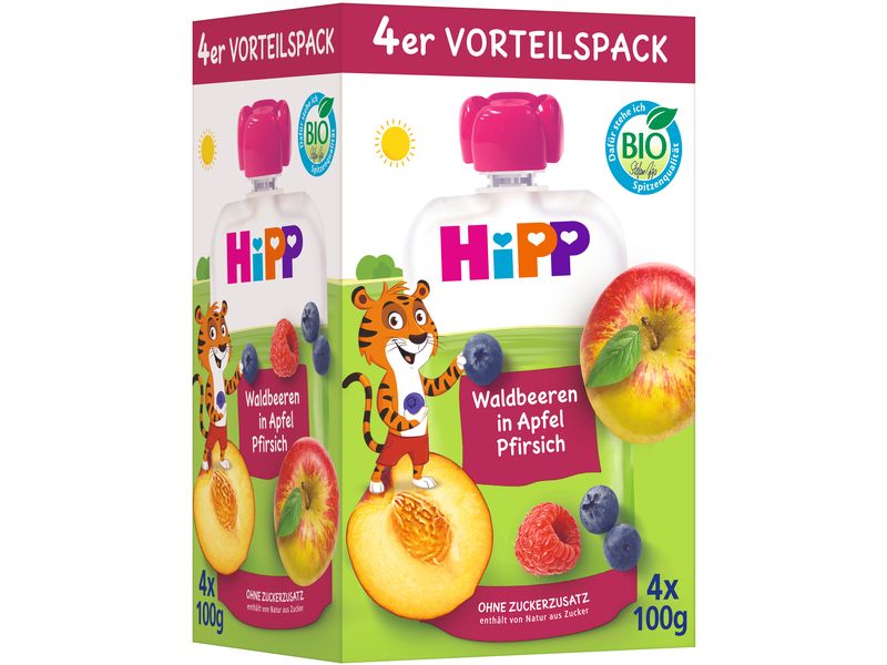 HIPP Quetschbeutel Waldbeeren in Apfel-Pfirsich 400 g Quetschbeutel 4er Vorteilspack