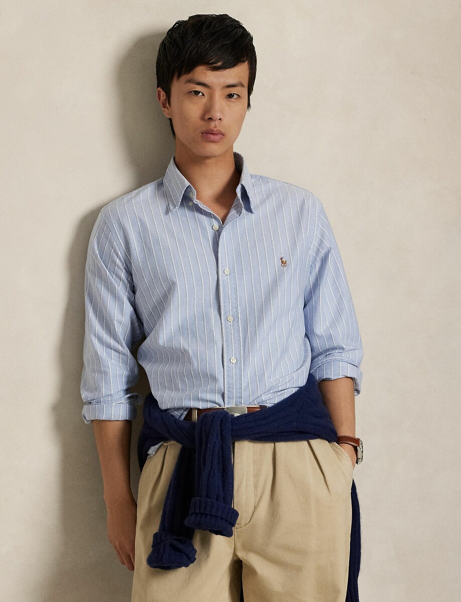 POLO RALPH LAUREN<br>Camisa reta listrada, Oxford, logotipo bordado