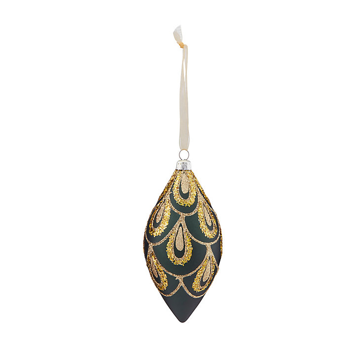 Boule de noel ovale vert velours et doré hauteur 12cm