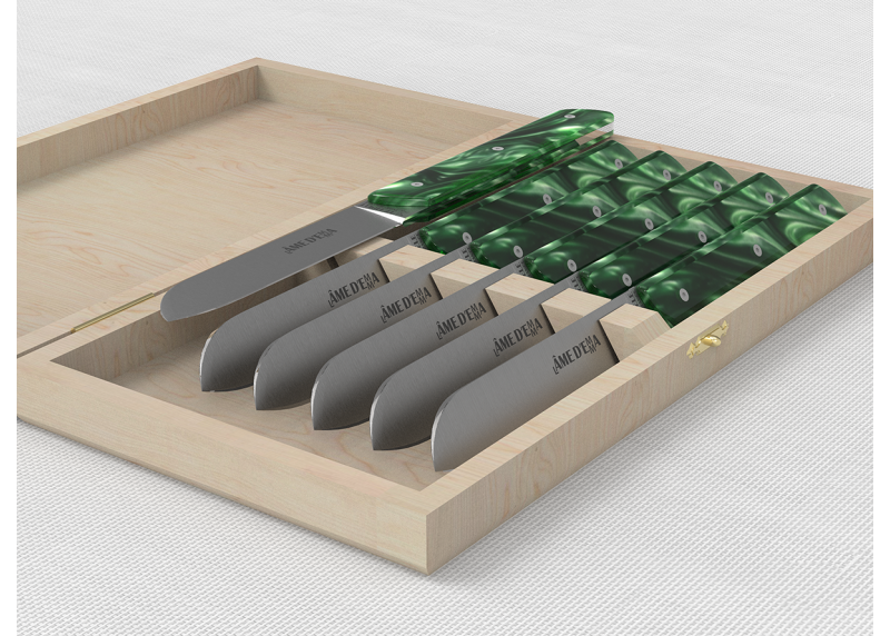 Service de 6 couteaux de table avec un manche en Madreperlato Vert et lame en acier inoxidable