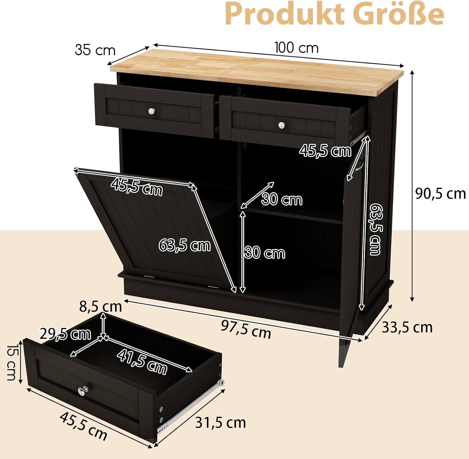 COSTWAY Kommode für Mülleimer 42L, Küchenschrank mit großer Arbeitplatte & 2 Schubladen & verstellbarem Regal, Mülleimerschrank mit Mülleimerhalter, Schrank für Küche ohne Mülleimer (Braun)