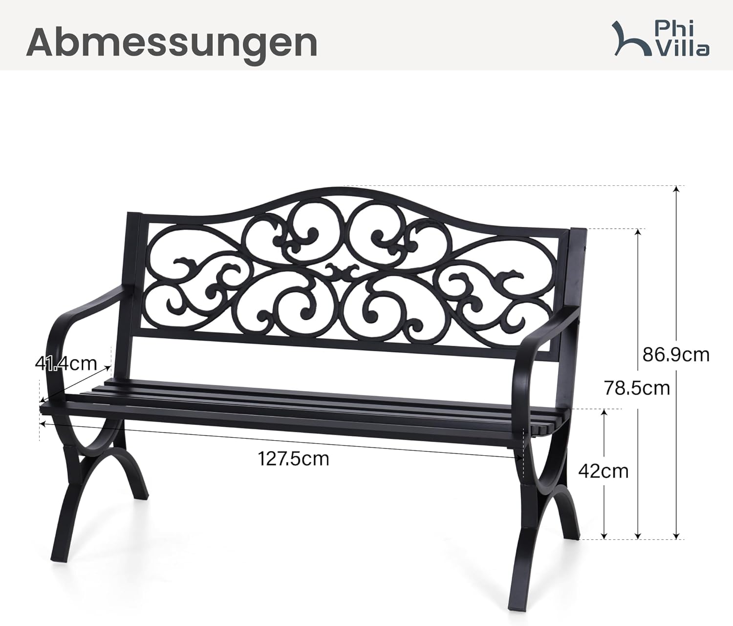 PHI VILLA Gartenbank Wetterfest Metall Gusseisen Stahlrahmen 2-3 Sitzer Bank Outdoor mit Floralem Design Rückenlehne Sitzbank für Park, Garten und Terrasse