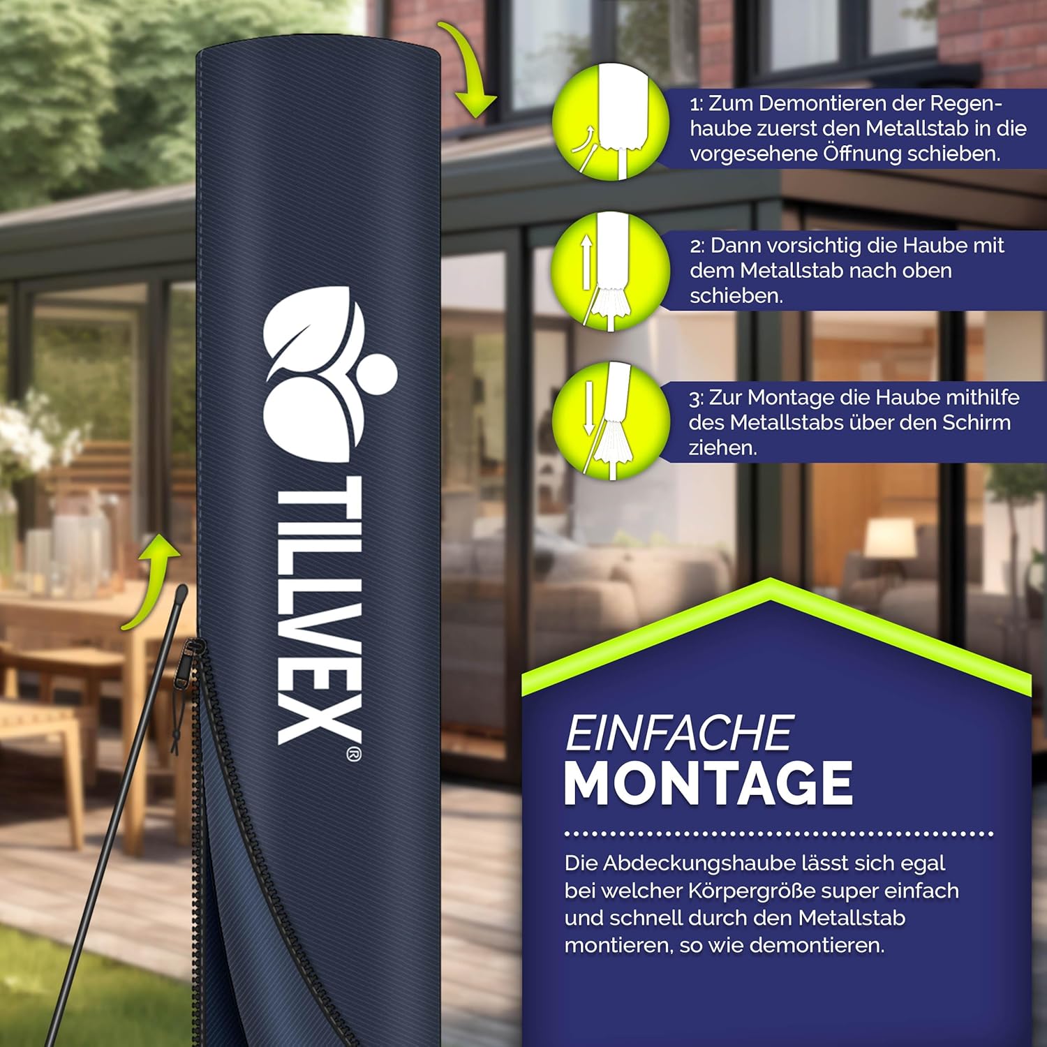 tillvex® Premium Alu Sonnenschirm 330 cm + Abdeckung & Windsicherung | Ampelschirm 6-Fach verstellbar mit Kurbel | Gartenschirm 360° Drehbar Neigbar Kippbar | UV50+ wasserdicht