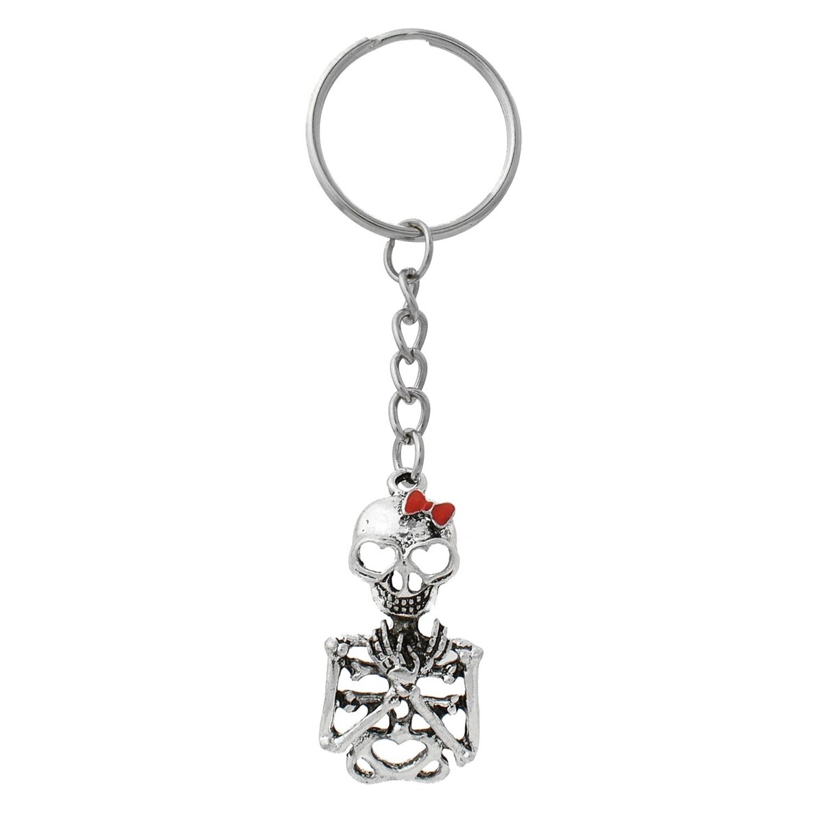 Porte-clés squelette gothique yeux de coeur noeud papillon rouge argenté