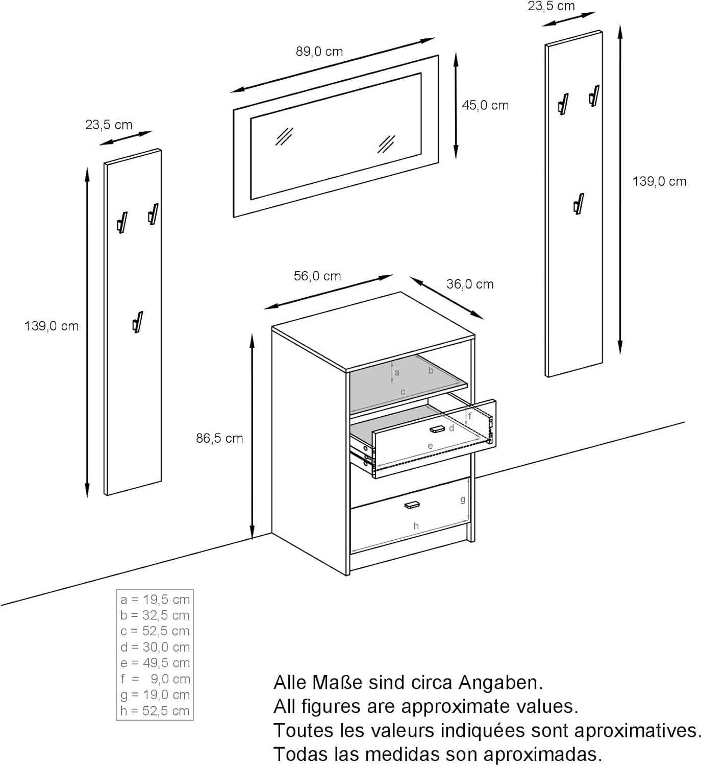 Vladon Garderoben-Set Pino V2, Made in Germany, 2 Wandpaneele 140 cm und Anrichte mit 3 Schubladen & 1 offenem Fach, Anthrazit matt/Weiß Hochglanz (56 x 86,5 x 36 cm)