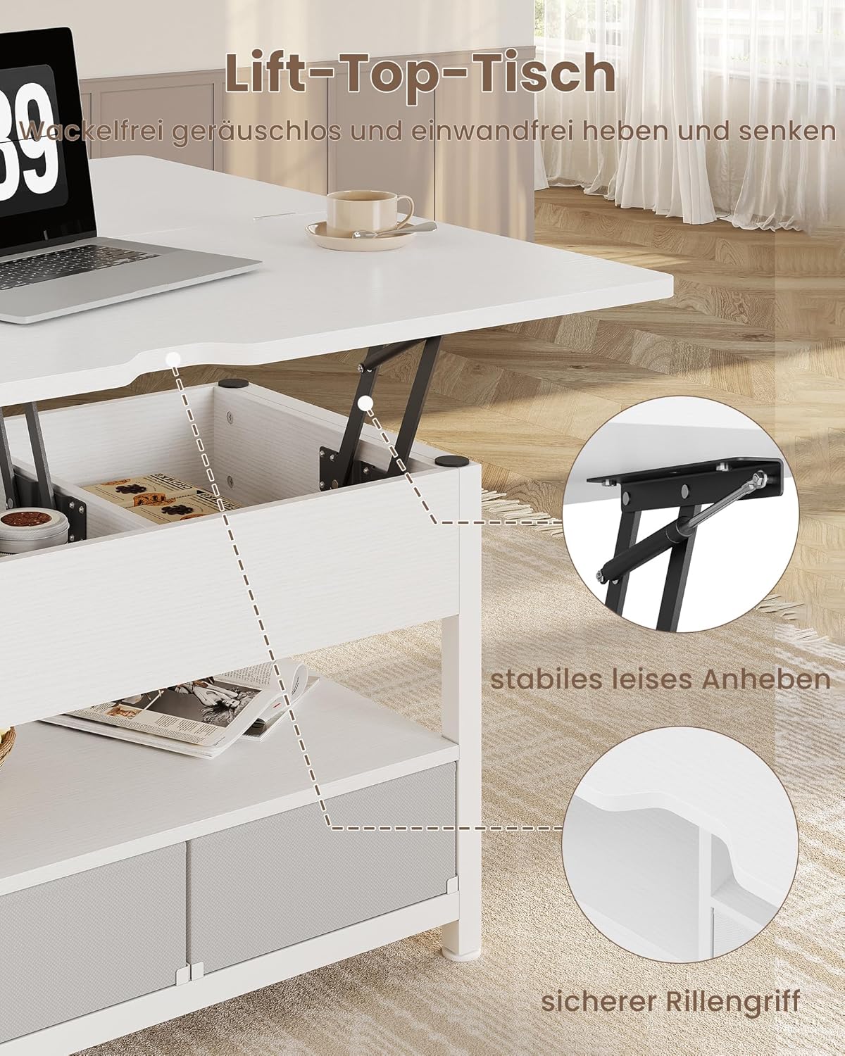 Couchtisch Höhenverstellbar, 3-in-1-Multifunktions-Wohnzimmertisch, Couchtisch mit 2 Schubladen, Kaffeetisch, Versteckte Aufbewahrung, Offenes Fach, Als Esstisch nutzbar, für Wohnzimmer, Büro, Weiß