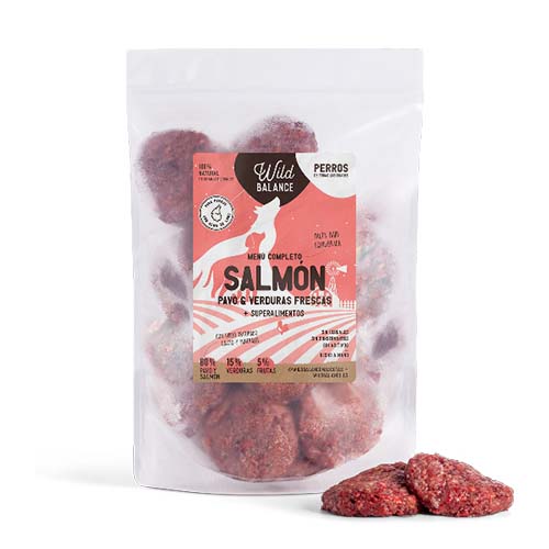 Pacote completo de alimentação BARF para cães, sabor peru e salmão.