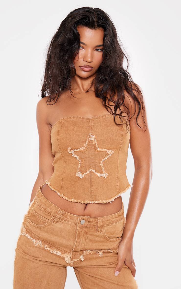 Washed Brown Top Corset Stretch Étoile Appliquée