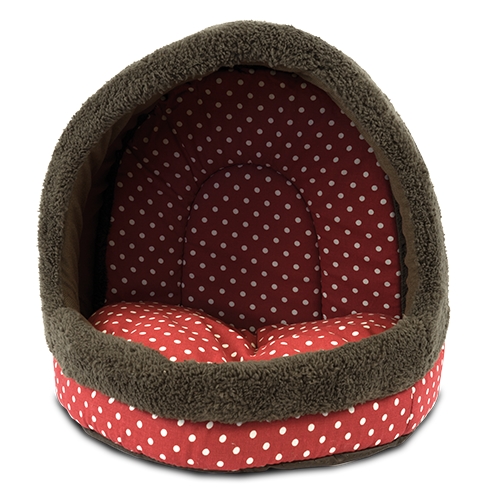 Cama para cães e gatos em formato de caverna com bolinhas vermelhas.