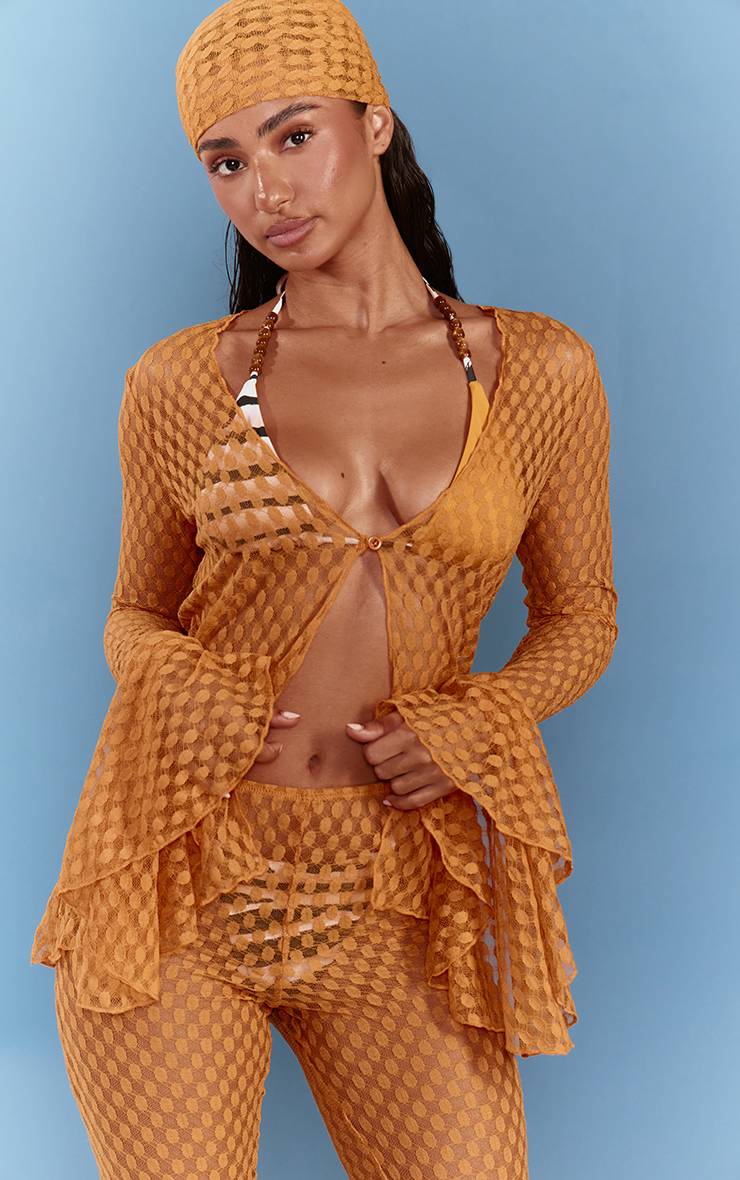 Moutarde Chemise De Plage Texturée Transparente À Manches Évasées