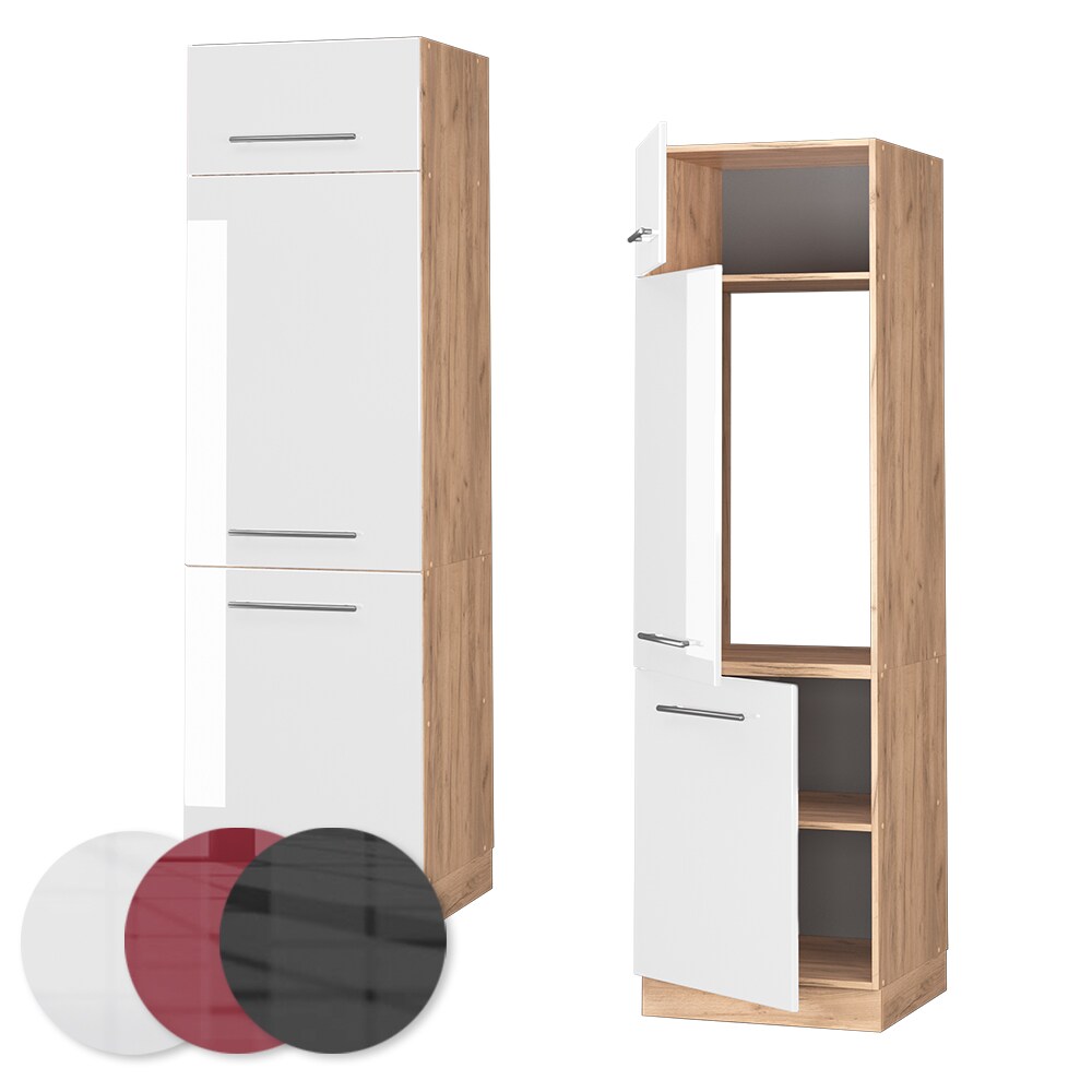 Vicco Kühlumbauschrank Küchenschrank Küchenmöbel Fame-Line Eiche Weiß modern 60 cm Küche Einbauküche Blende Drehtür Einlegeboden Kühlschrank Küchenzeile Hochglanz
