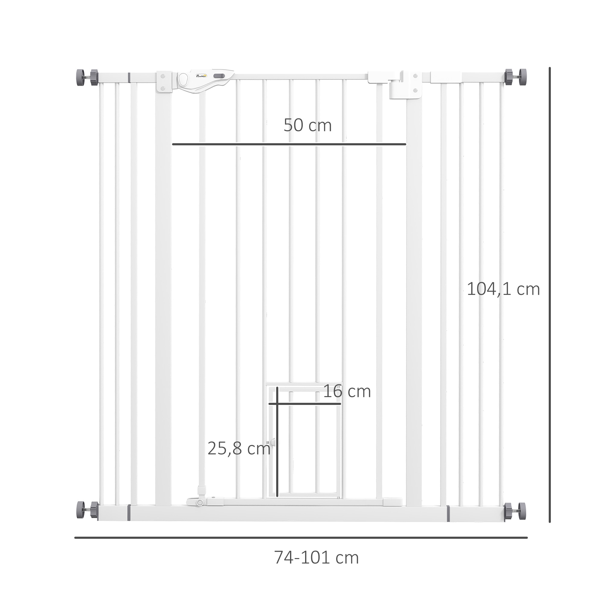 Portão de segurança para cães PawHut com 1 porta pequena, barreira extensível para animais de estimação com fechamento automático e sistema de travamento duplo para portas, corredores e escadas, 74-101 x 104,1 cm, branco