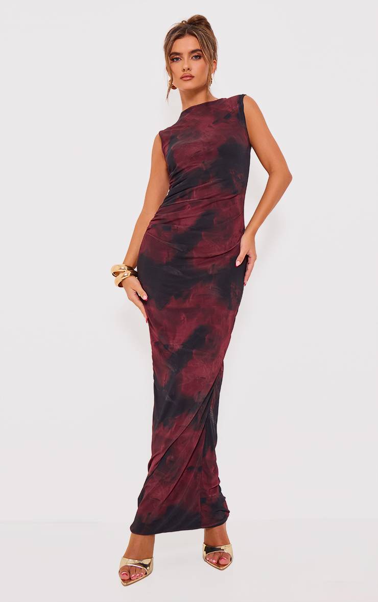 Rouge Bordeaux Robe Longue Moulante En Mesh À Imprimé Floral