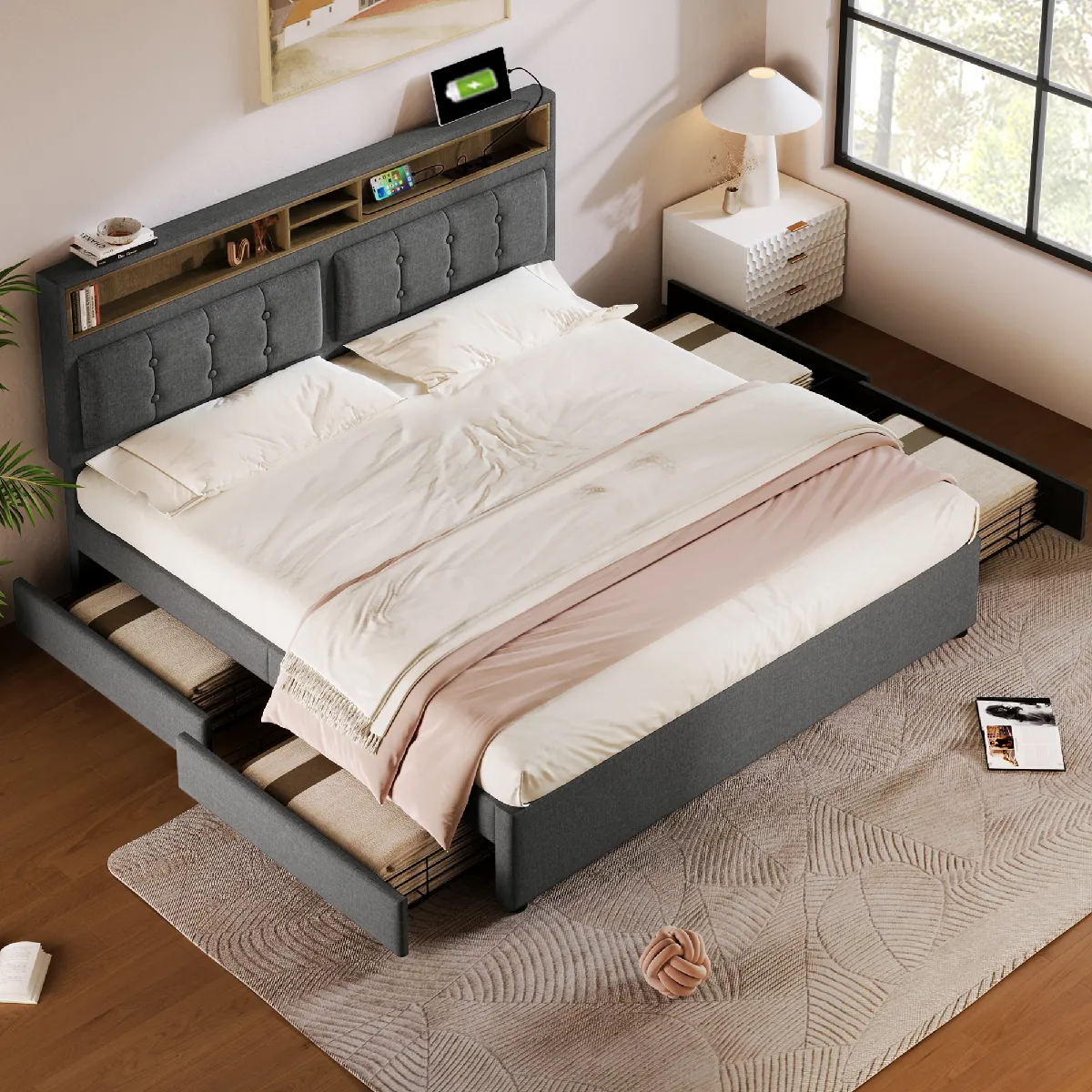 KOMHTOM Lit double avec tiroirs et USB-C - Gris 160x200 cm
