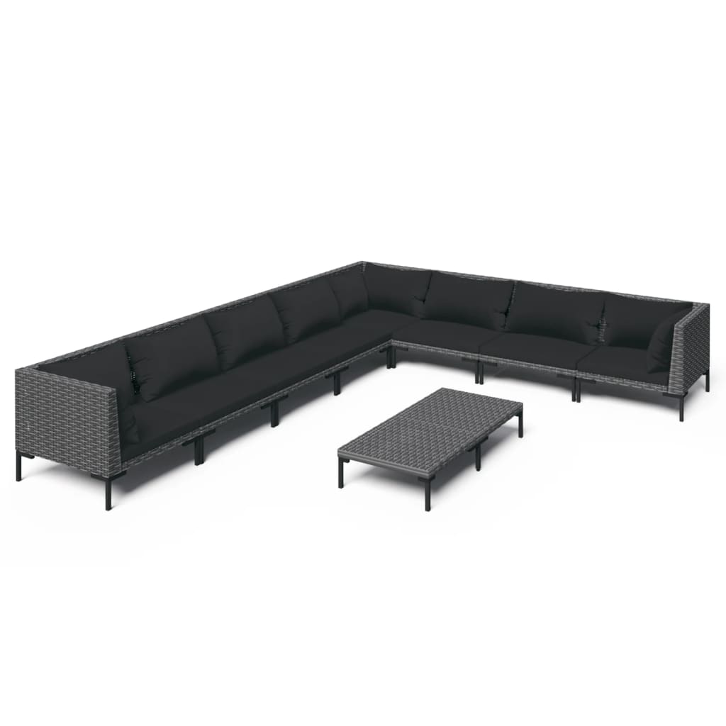 Salon de jardin meuble d'extérieur ensemble de mobilier 9 pièces avec coussins résine tressée gris foncé