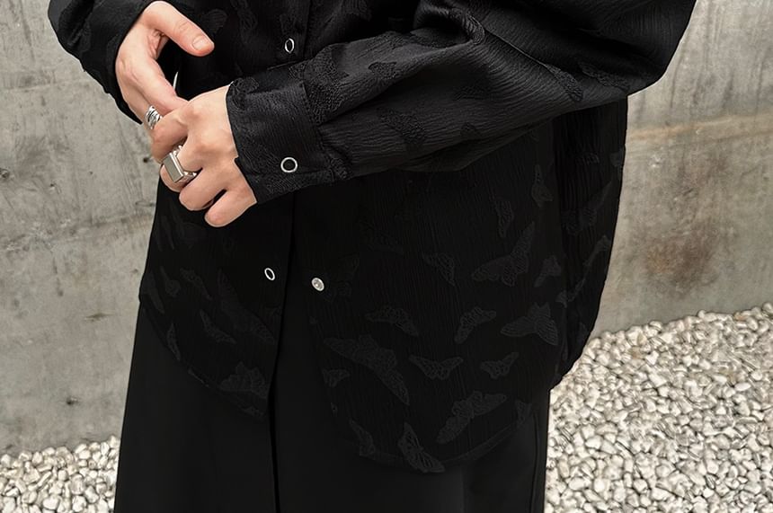 Adotuastic - Overhemd met lange mouwen, bandkraag en vlindermotief, jacquard