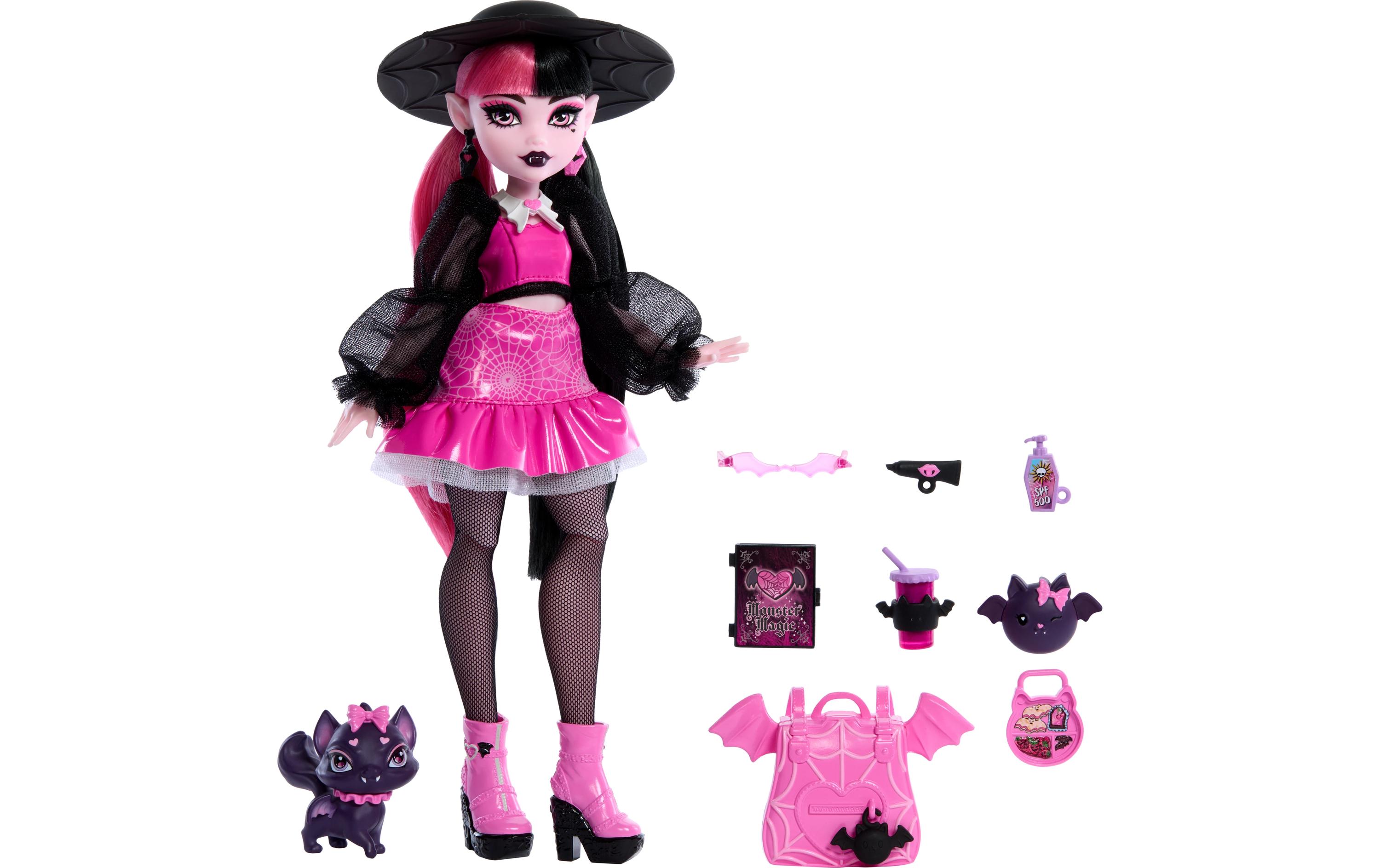 Puppe Monster High DraculauraBezaubernde Vampirin von Kopf bis Fuss in Pink und Schwarz gekleidet