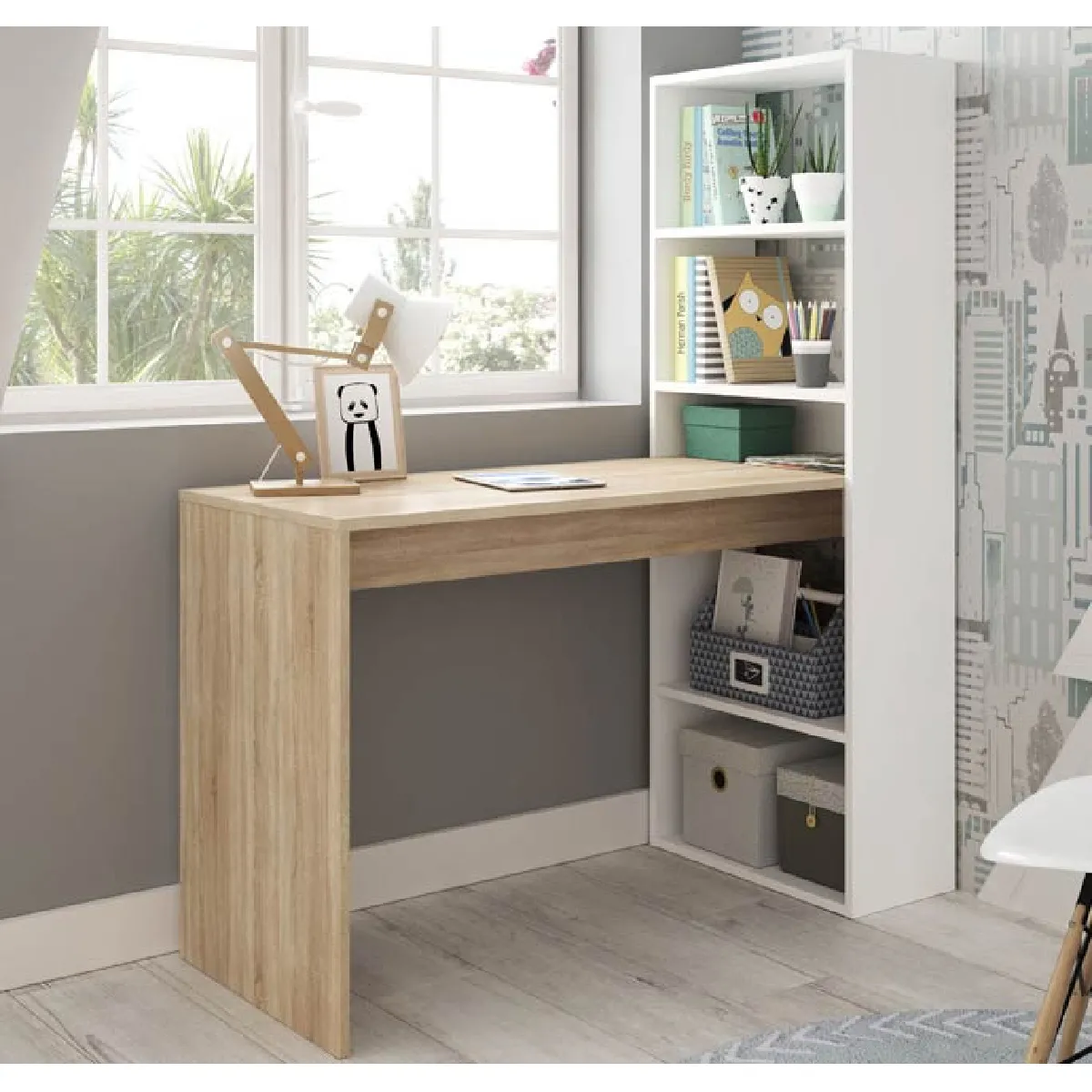 Alter Bureau avec bibliothèque - Blanc/Chêne