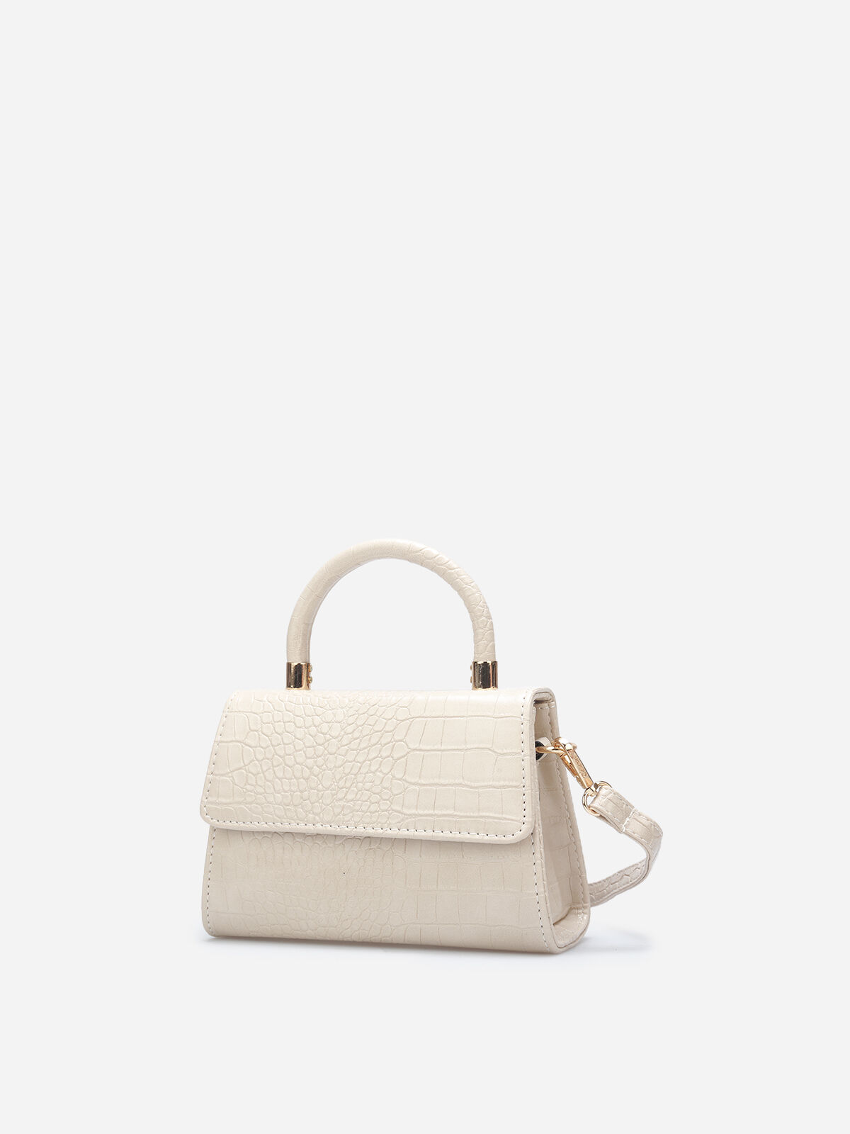 Sac à main effet croco verni avec rabat- Beige