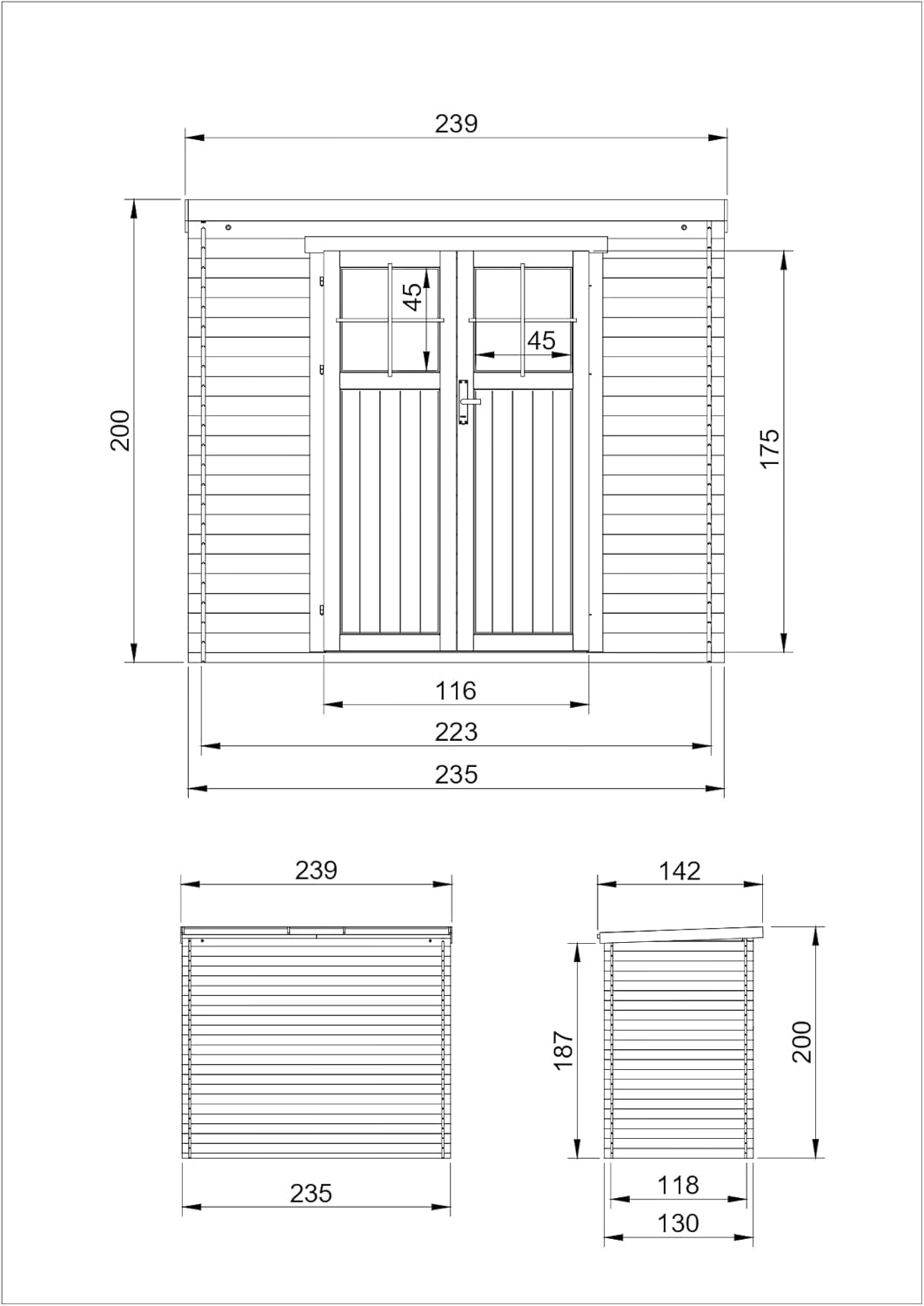 Holzhaus Gartenhaus mit hochwertige abschließbare Tür - Gartenschuppen Holz B239xL142xH200 cm/ 2,63 m2 Lagerschuppen für Garten - Fahrrad Schuppen - Wasserfestes Dach- TIMBELA M310F