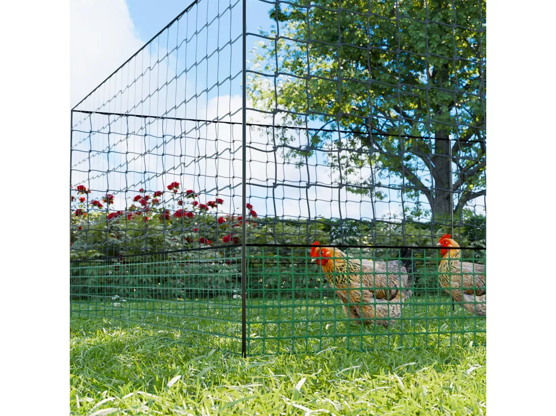Kit filet clôtures pour poules 24m avec 8 piquets double pointes. modulable. porte d'accès. sardines incluses