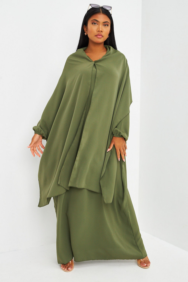 Abaya kaki ample avec voile intégré